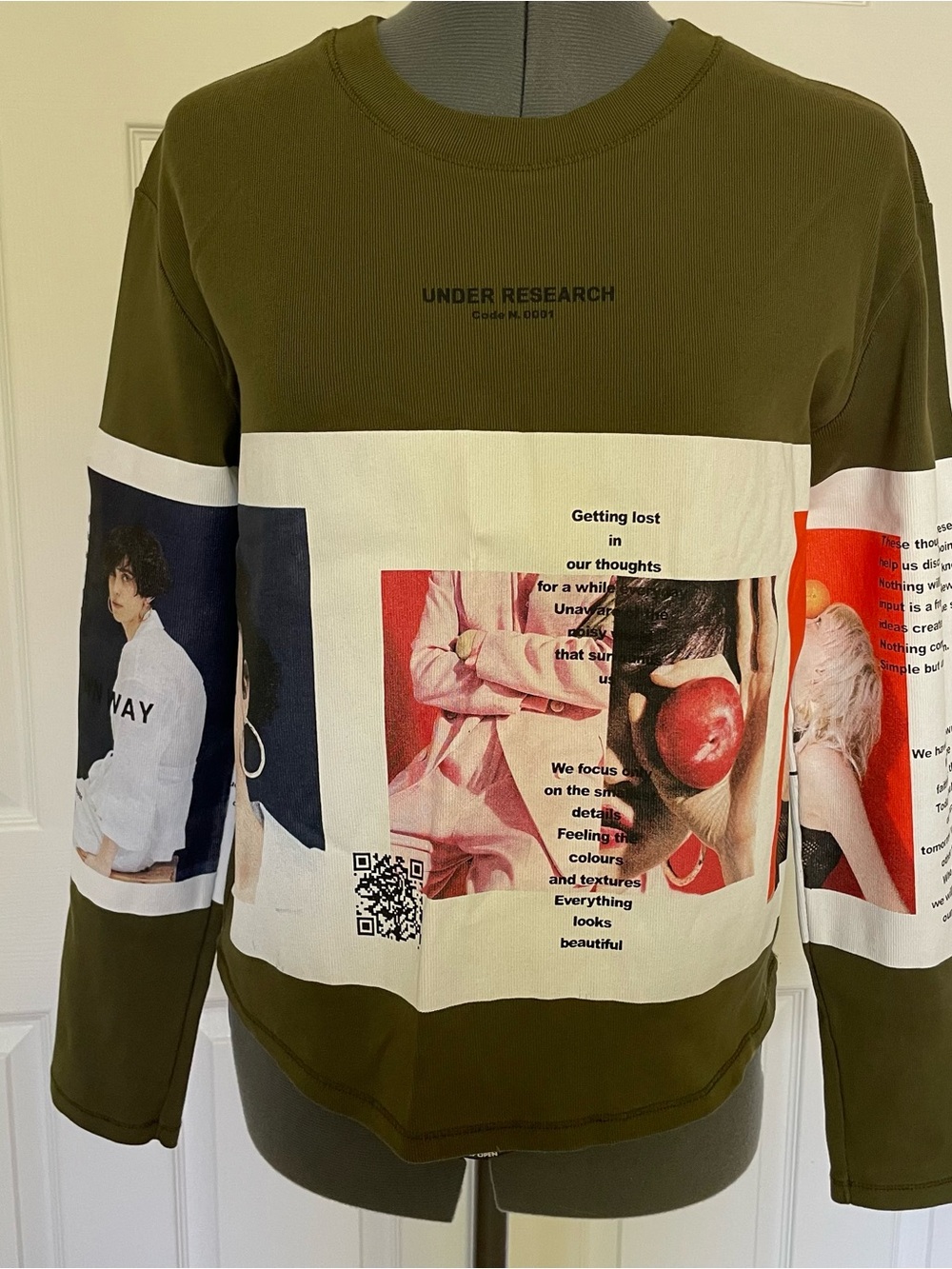 Zara Olive Green Crewneck Sweater with Graphic Panel